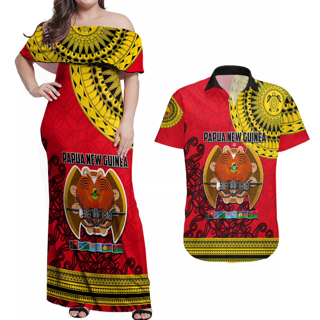 Papua New Guinea Couples Matching Off Shoulder Maxi Dress and Hawaiian Shirt Melanesian Festival 2023 LT6 - Wonder Print Shop