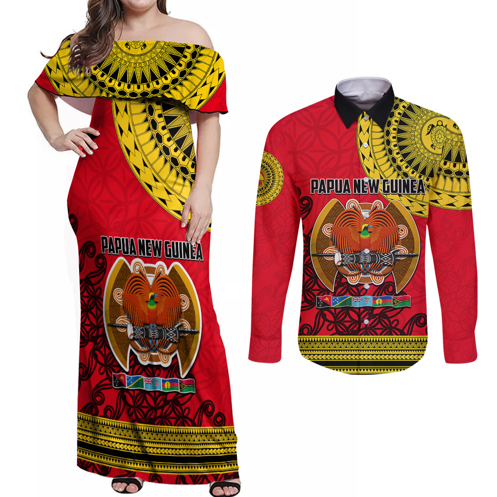 Papua New Guinea Couples Matching Off Shoulder Maxi Dress and Long Sleeve Button Shirts Melanesian Festival 2023 LT6 - Wonder Print Shop
