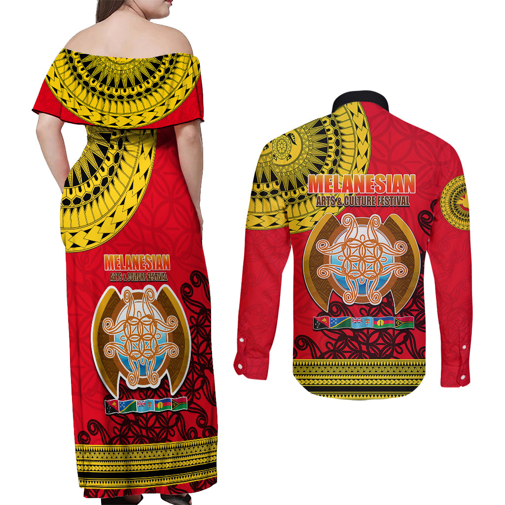 Papua New Guinea Couples Matching Off Shoulder Maxi Dress and Long Sleeve Button Shirts Melanesian Festival 2023 LT6 - Wonder Print Shop