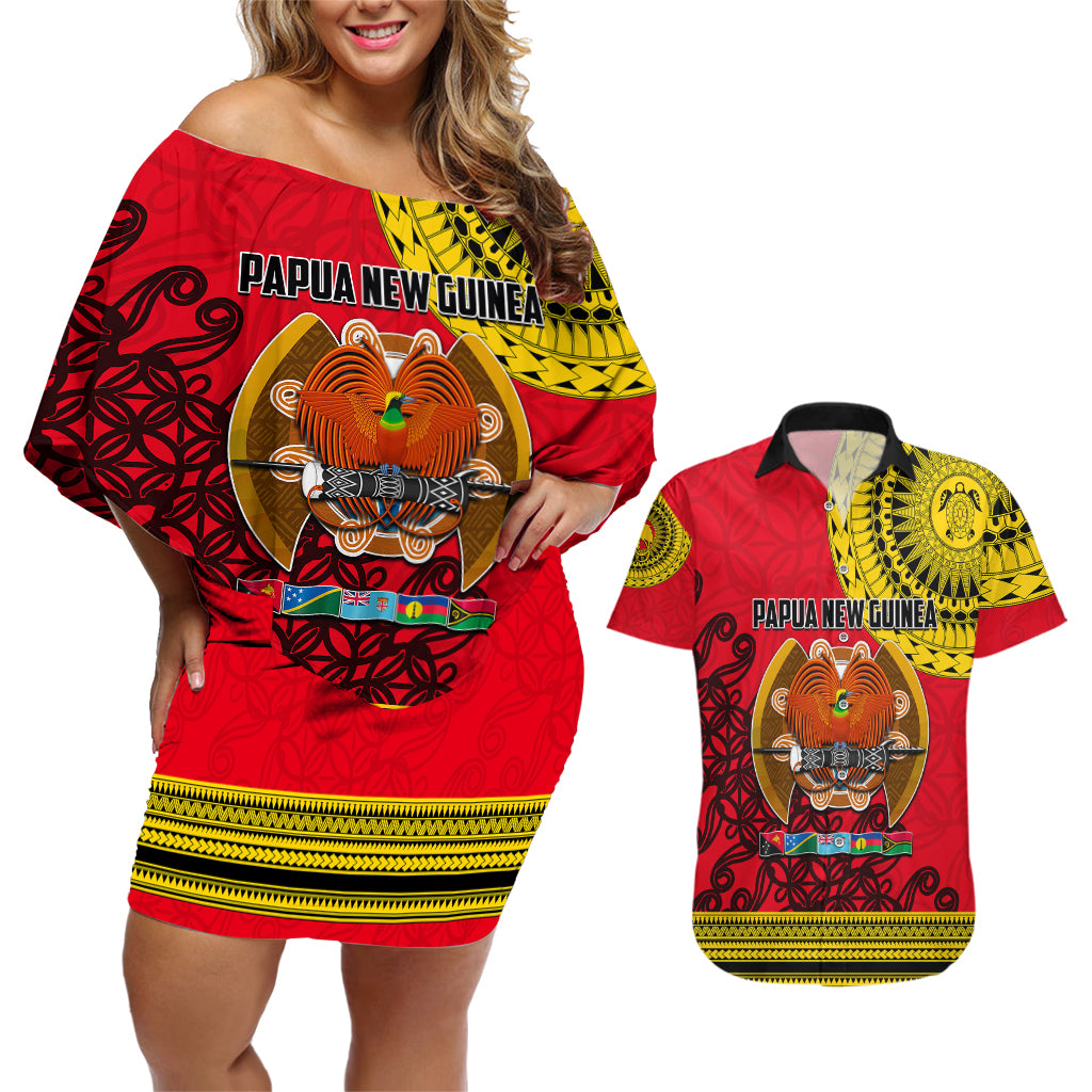 Papua New Guinea Couples Matching Off Shoulder Short Dress and Hawaiian Shirt Melanesian Festival 2023 LT6 - Wonder Print Shop