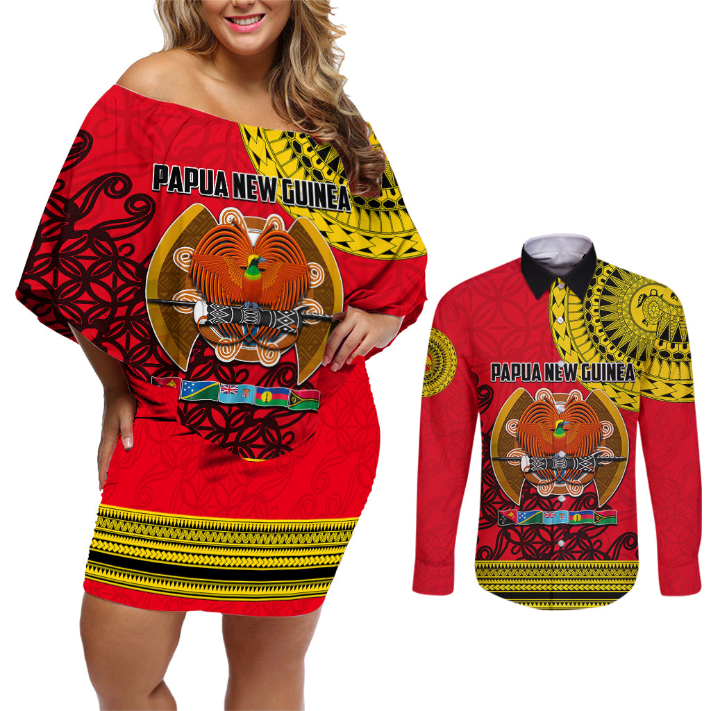 Papua New Guinea Couples Matching Off Shoulder Short Dress and Long Sleeve Button Shirts Melanesian Festival 2023 LT6 - Wonder Print Shop