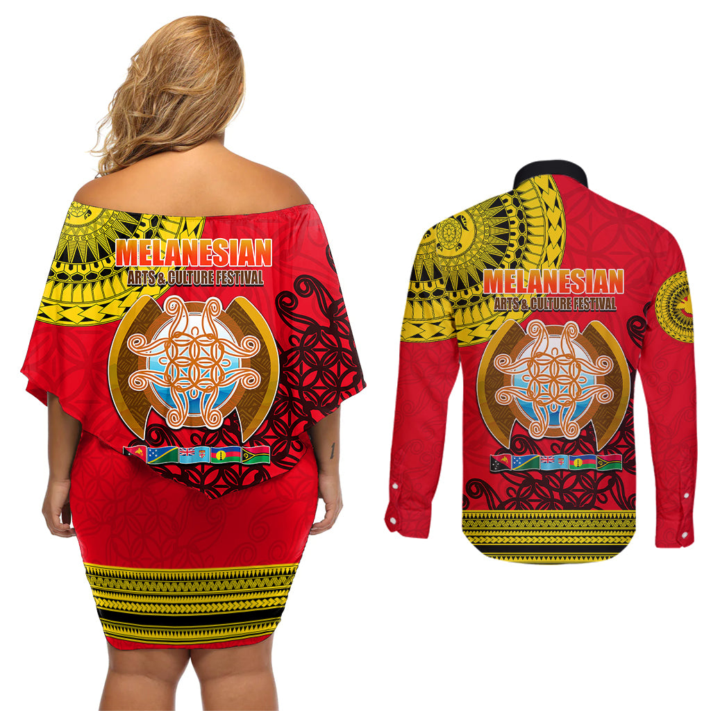 Papua New Guinea Couples Matching Off Shoulder Short Dress and Long Sleeve Button Shirts Melanesian Festival 2023 LT6 - Wonder Print Shop