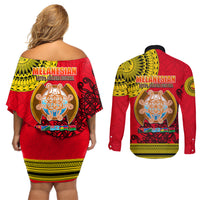 Papua New Guinea Couples Matching Off Shoulder Short Dress and Long Sleeve Button Shirts Melanesian Festival 2023 LT6 - Wonder Print Shop