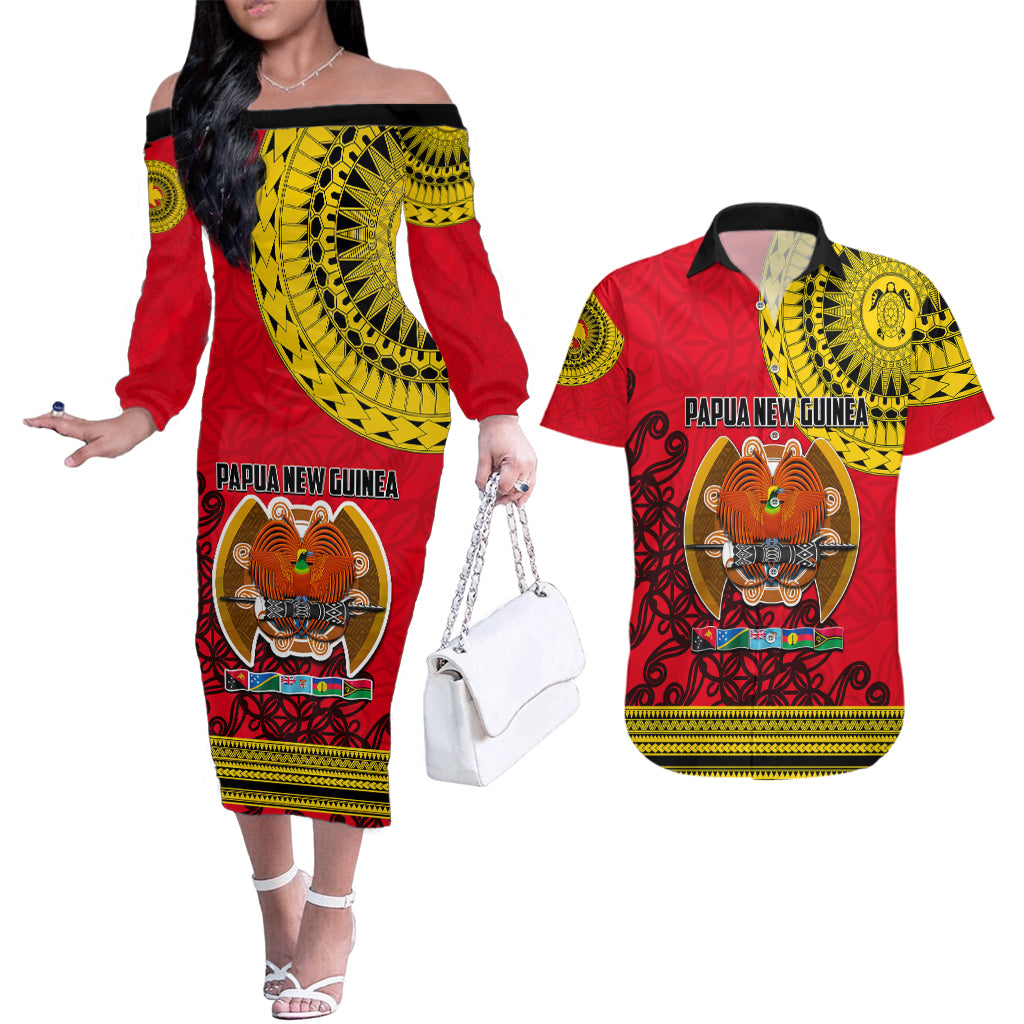Papua New Guinea Couples Matching Off The Shoulder Long Sleeve Dress and Hawaiian Shirt Melanesian Festival 2023 LT6 - Wonder Print Shop