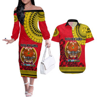 Papua New Guinea Couples Matching Off The Shoulder Long Sleeve Dress and Hawaiian Shirt Melanesian Festival 2023 LT6 - Wonder Print Shop