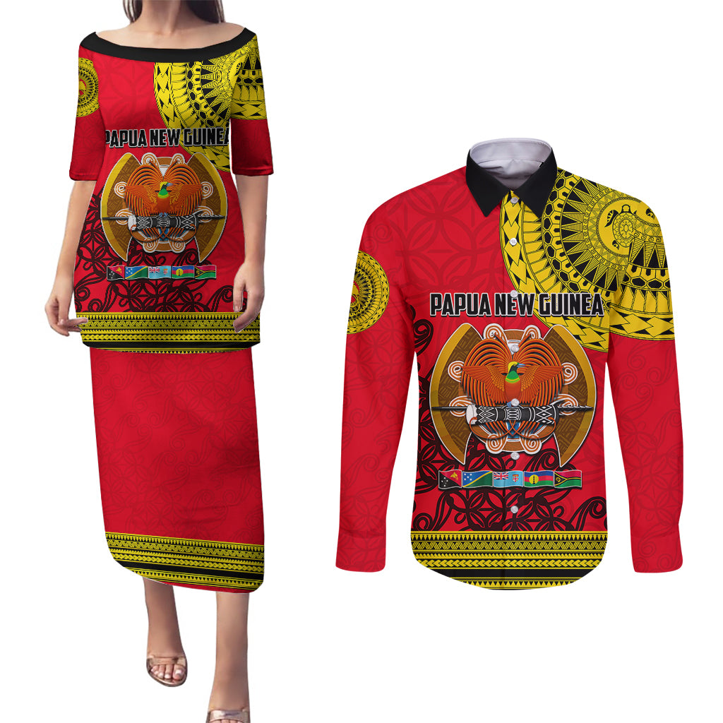 Papua New Guinea Couples Matching Puletasi Dress and Long Sleeve Button Shirts Melanesian Festival 2023 LT6 - Wonder Print Shop