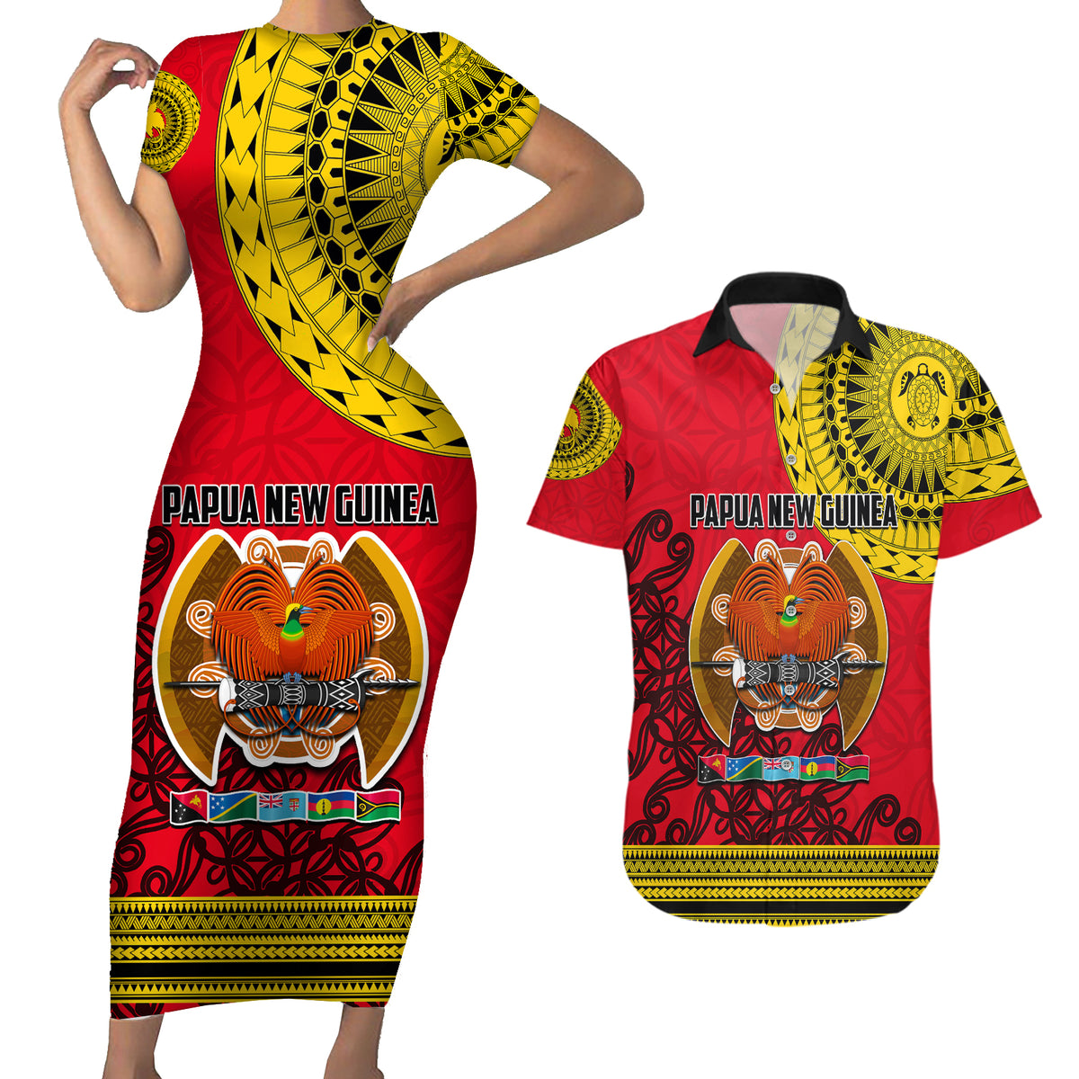 Papua New Guinea Couples Matching Short Sleeve Bodycon Dress and Hawaiian Shirt Melanesian Festival 2023 LT6 - Wonder Print Shop