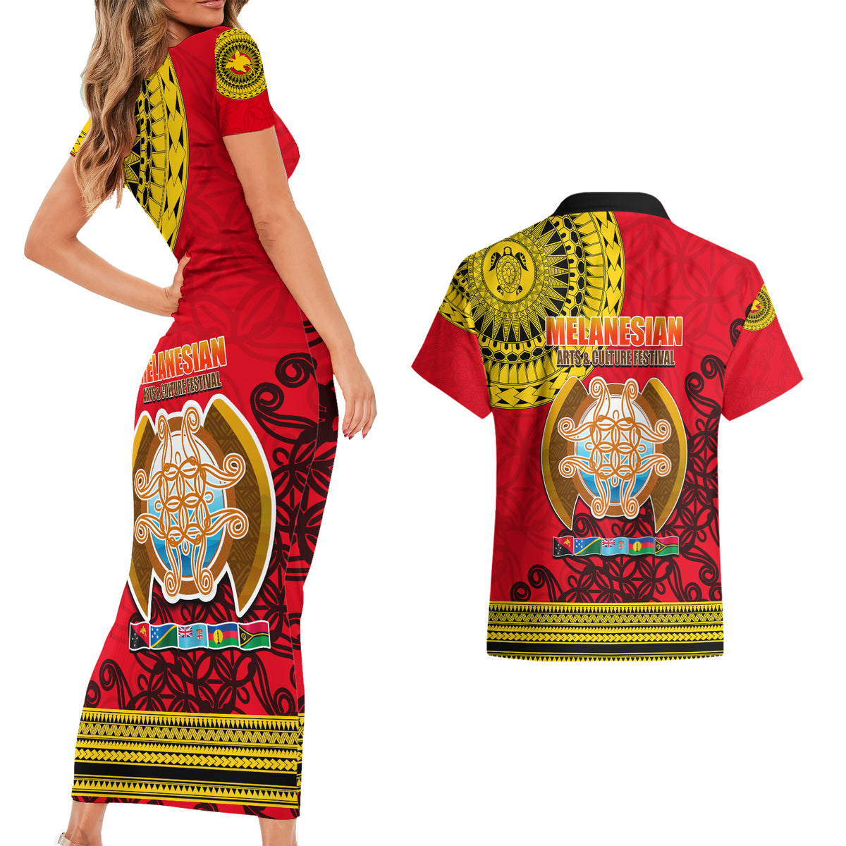 Papua New Guinea Couples Matching Short Sleeve Bodycon Dress and Hawaiian Shirt Melanesian Festival 2023 LT6 - Wonder Print Shop