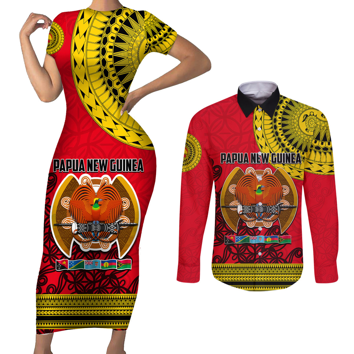 Papua New Guinea Couples Matching Short Sleeve Bodycon Dress and Long Sleeve Button Shirts Melanesian Festival 2023 LT6 - Wonder Print Shop
