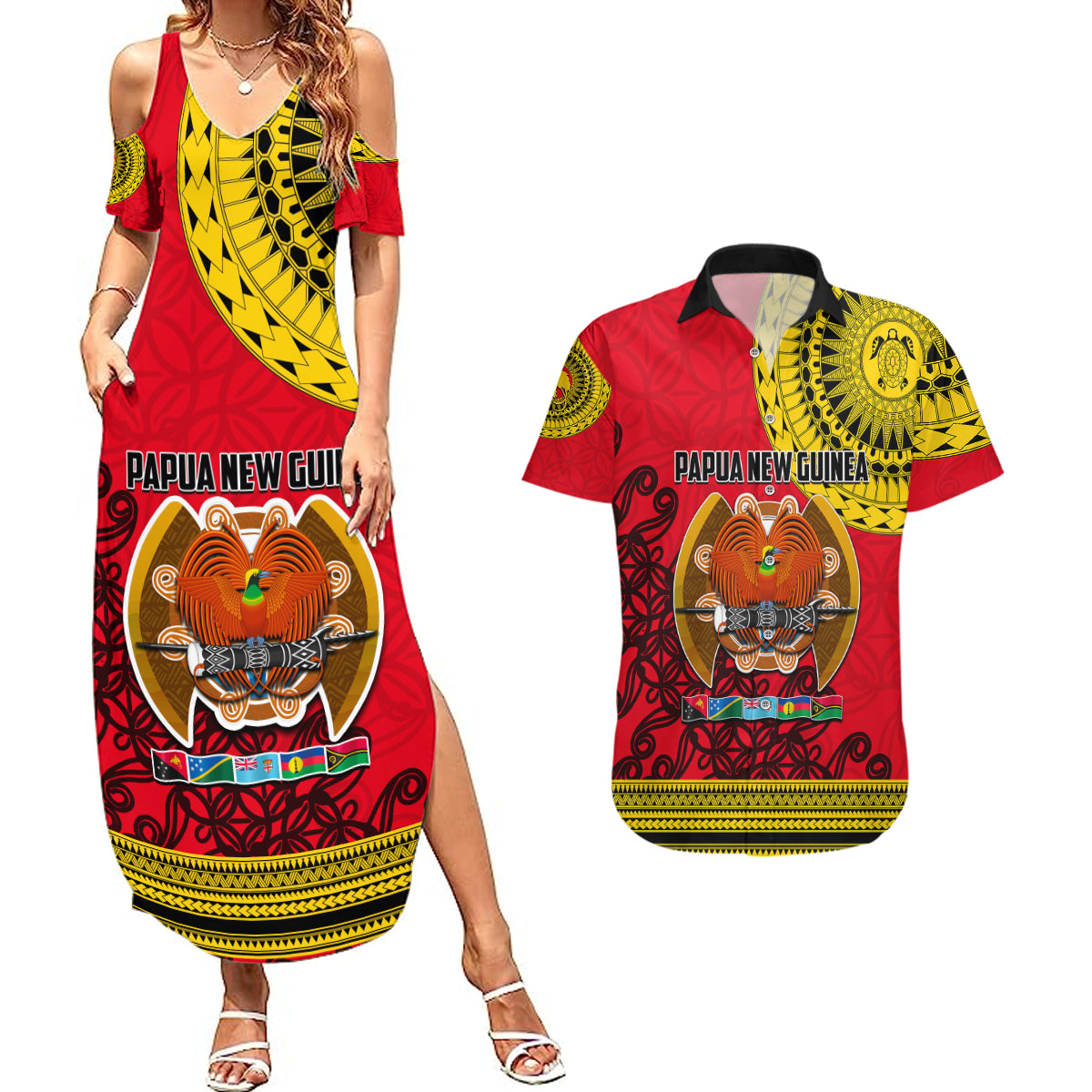 Papua New Guinea Couples Matching Summer Maxi Dress and Hawaiian Shirt Melanesian Festival 2023 LT6 - Wonder Print Shop