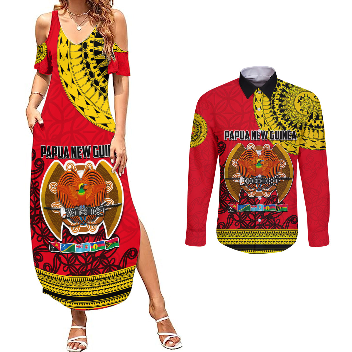 Papua New Guinea Couples Matching Summer Maxi Dress and Long Sleeve Button Shirts Melanesian Festival 2023 LT6 - Wonder Print Shop