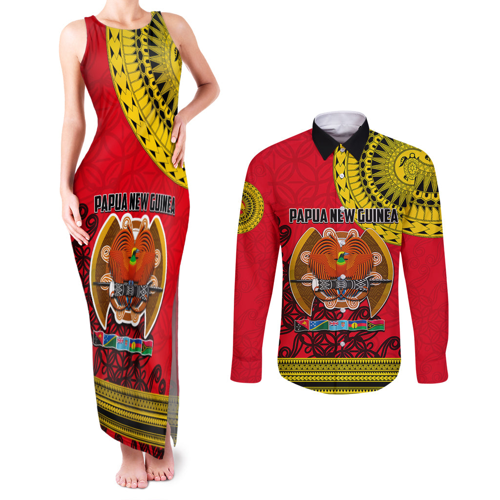 Papua New Guinea Couples Matching Tank Maxi Dress and Long Sleeve Button Shirts Melanesian Festival 2023 LT6 - Wonder Print Shop