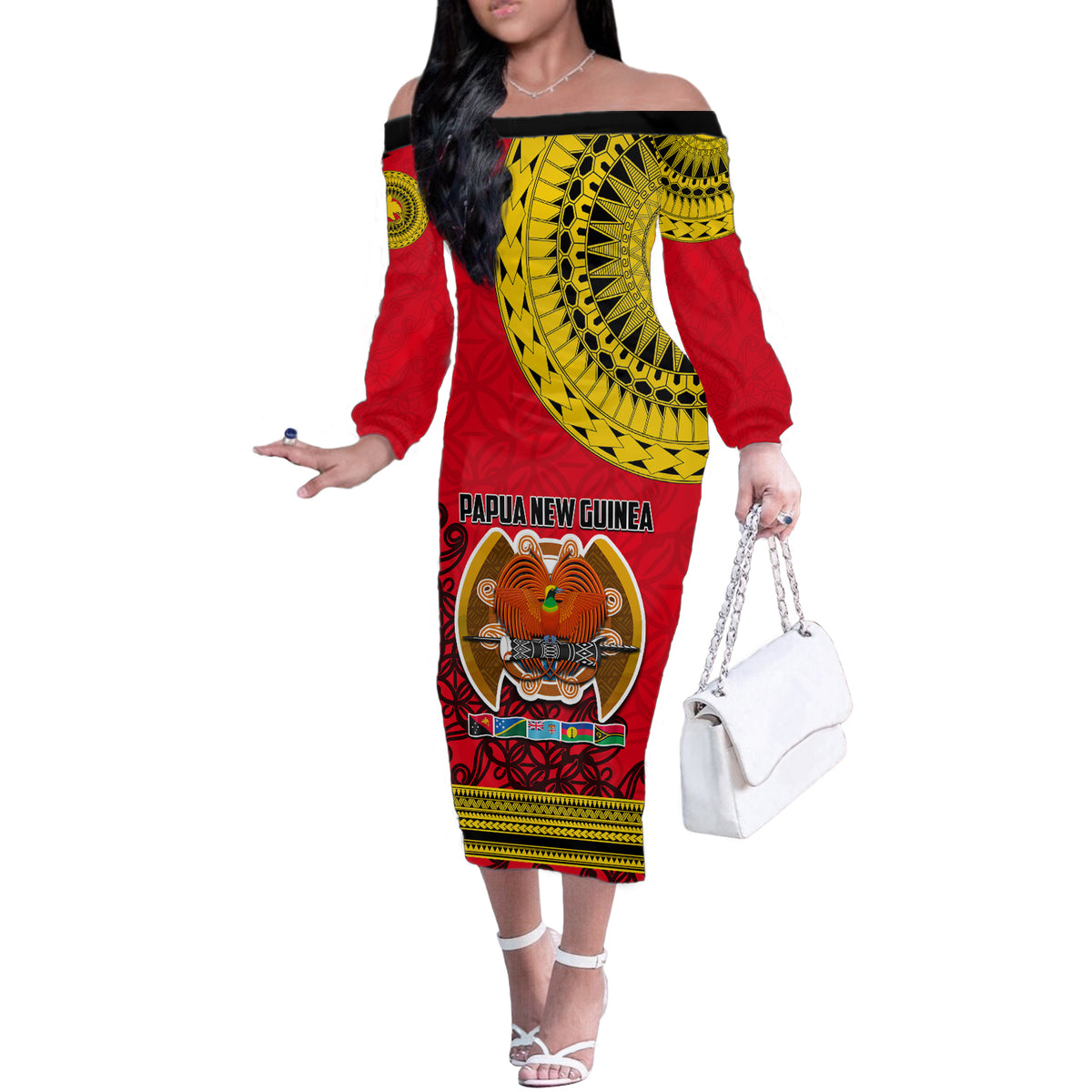 Papua New Guinea Off The Shoulder Long Sleeve Dress Melanesian Festival 2023 LT6 - Wonder Print Shop