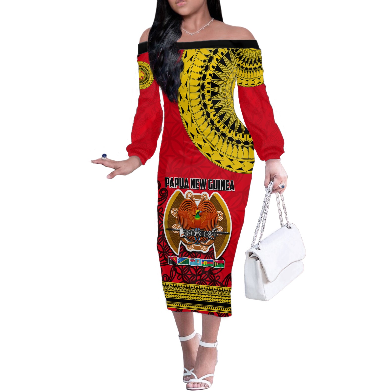 Papua New Guinea Off The Shoulder Long Sleeve Dress Melanesian Festival 2023 LT6 - Wonder Print Shop