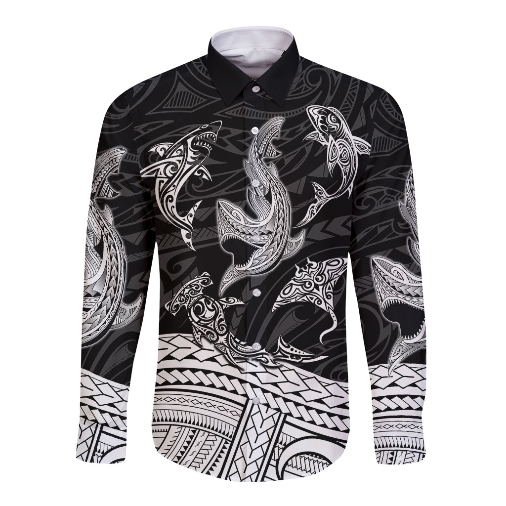 Polynesian Tribal Long Sleeve Button Shirt with Sharks Tattoo White LT6 - Wonder Print Shop