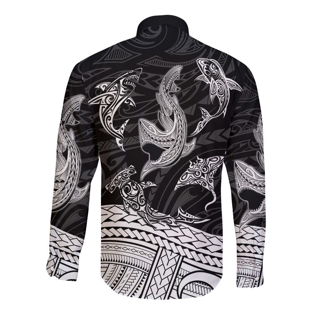 Polynesian Tribal Long Sleeve Button Shirt with Sharks Tattoo White LT6 - Wonder Print Shop