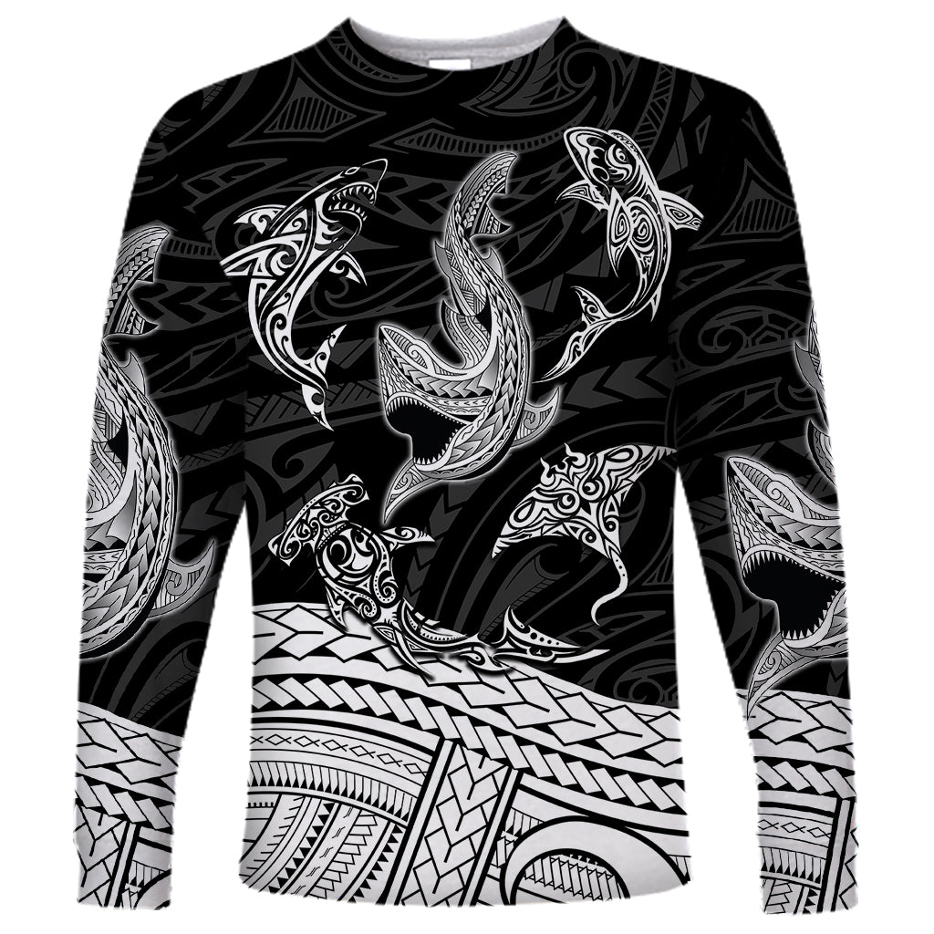 Polynesian Tribal Long Sleeve Shirt with Sharks Tattoo White LT6 - Wonder Print Shop