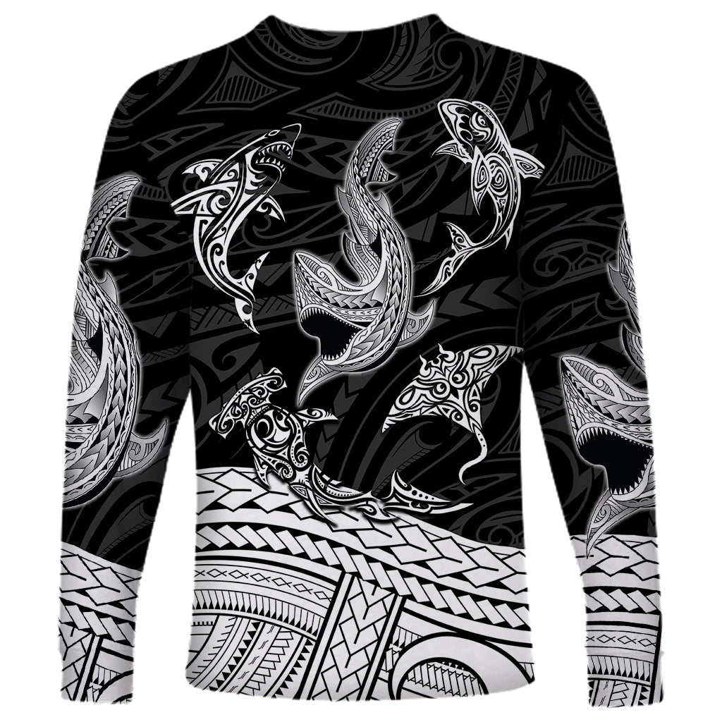Polynesian Tribal Long Sleeve Shirt with Sharks Tattoo White LT6 - Wonder Print Shop