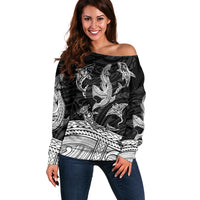 Polynesian Tribal Off Shoulder Sweater with Sharks Tattoo White LT6 - Wonder Print Shop