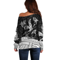 Polynesian Tribal Off Shoulder Sweater with Sharks Tattoo White LT6 - Wonder Print Shop