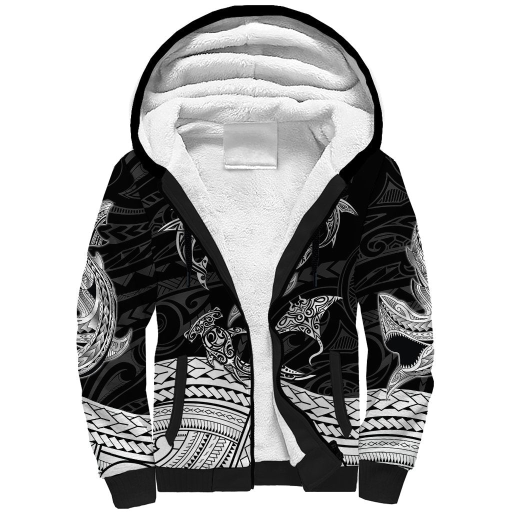 Polynesian Tribal Sherpa Hoodie with Sharks Tattoo White LT6 - Wonder Print Shop