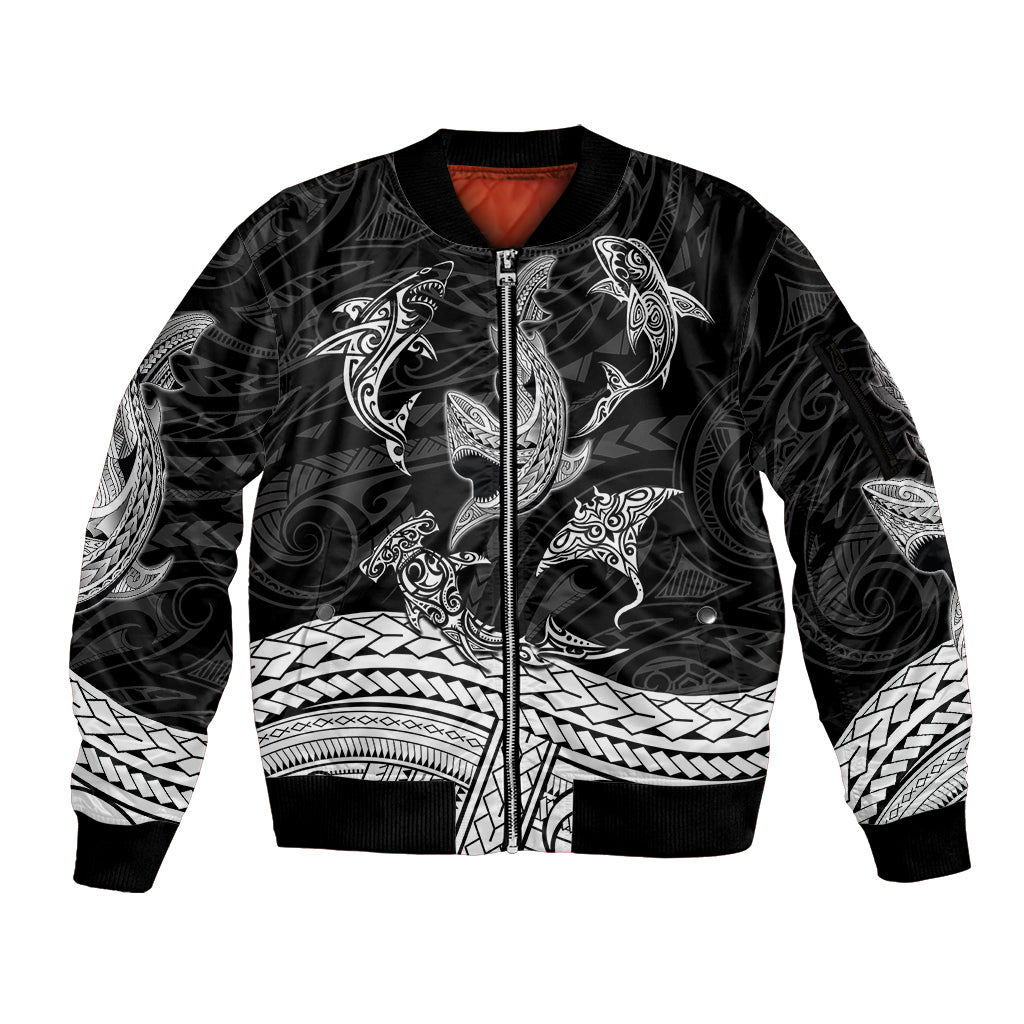 Polynesian Tribal Sleeve Zip Bomber Jacket with Sharks Tattoo White LT6 - Wonder Print Shop