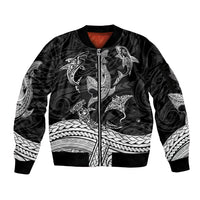 Polynesian Tribal Sleeve Zip Bomber Jacket with Sharks Tattoo White LT6 - Wonder Print Shop