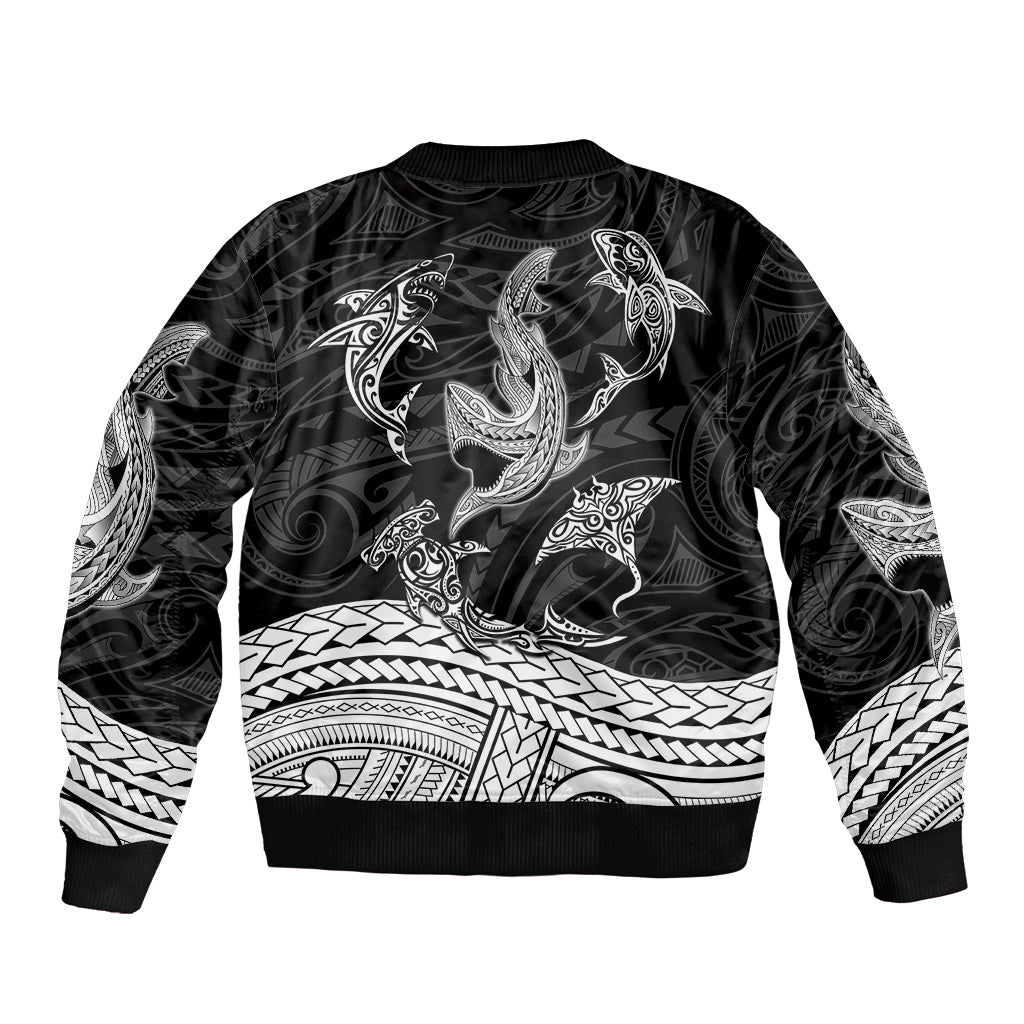 Polynesian Tribal Sleeve Zip Bomber Jacket with Sharks Tattoo White LT6 - Wonder Print Shop