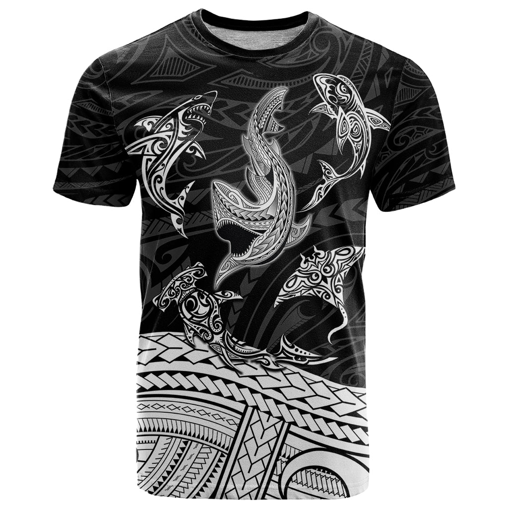 Polynesian Tribal T Shirt with Sharks Tattoo White LT6 - Wonder Print Shop
