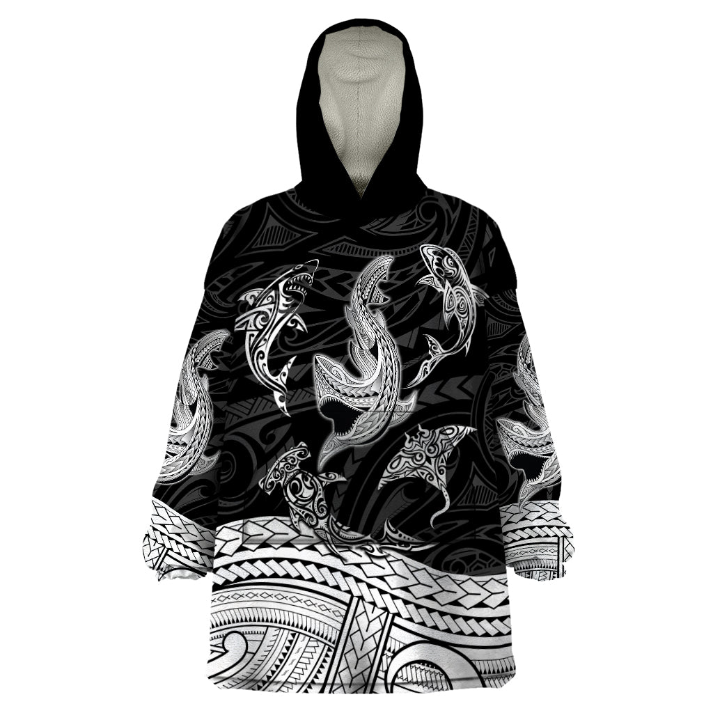 Polynesian Tribal Wearable Blanket Hoodie with Sharks Tattoo White LT6 - Wonder Print Shop