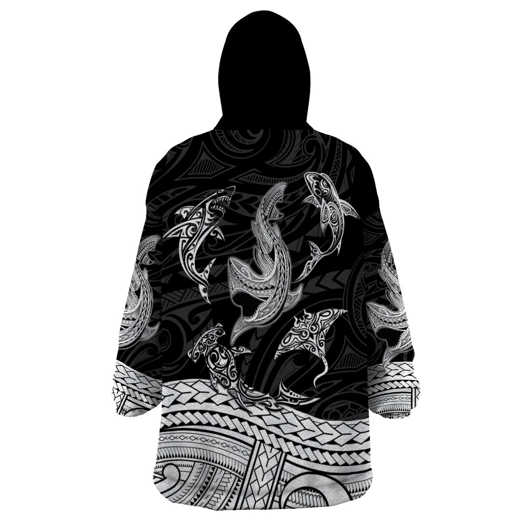 Polynesian Tribal Wearable Blanket Hoodie with Sharks Tattoo White LT6 - Wonder Print Shop