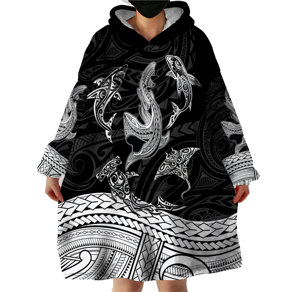 Polynesian Tribal Wearable Blanket Hoodie with Sharks Tattoo White LT6 - Wonder Print Shop
