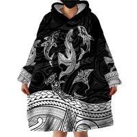 Polynesian Tribal Wearable Blanket Hoodie with Sharks Tattoo White LT6 - Wonder Print Shop