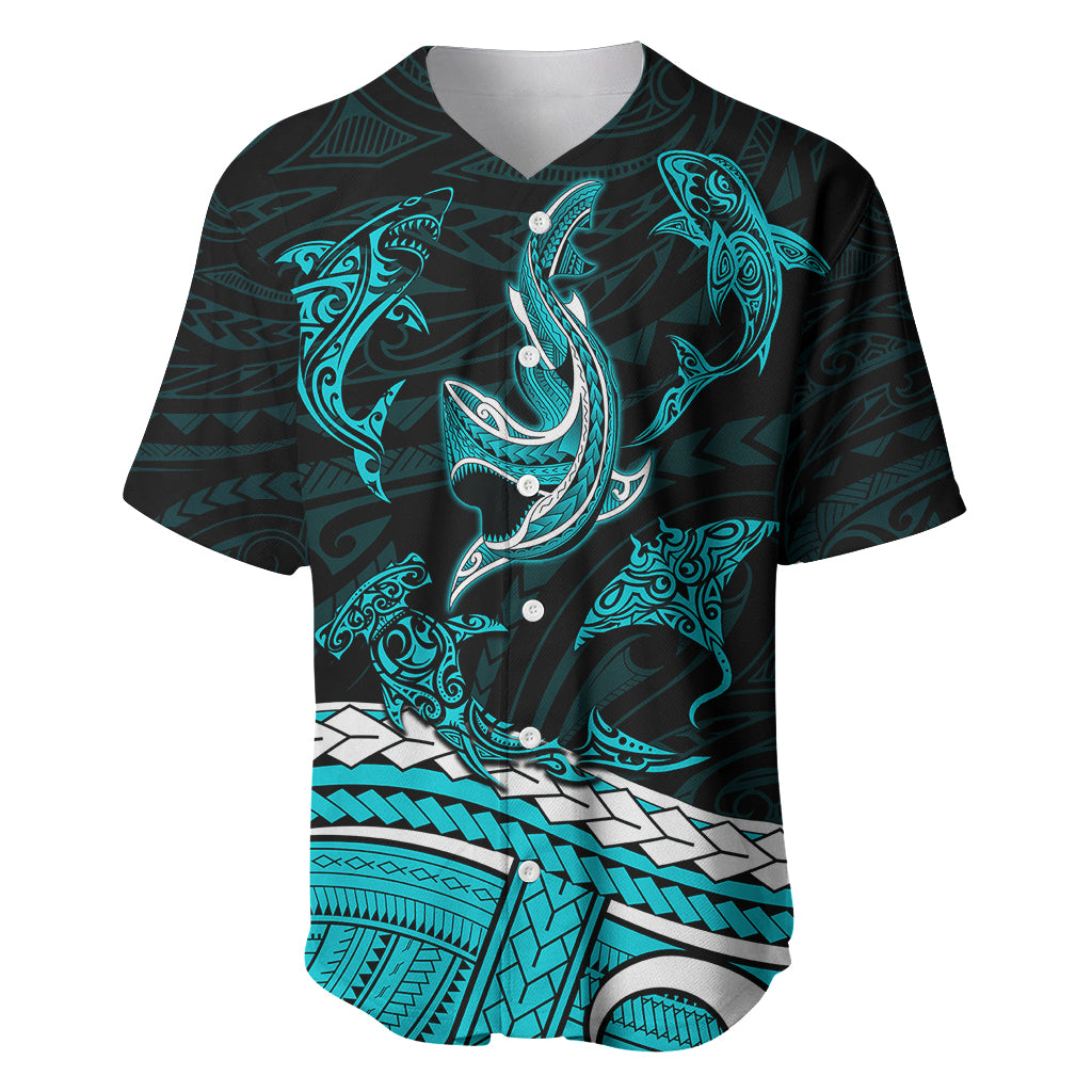 Polynesian Tribal Baseball Jersey with Sharks Tattoo Green LT6 - Wonder Print Shop