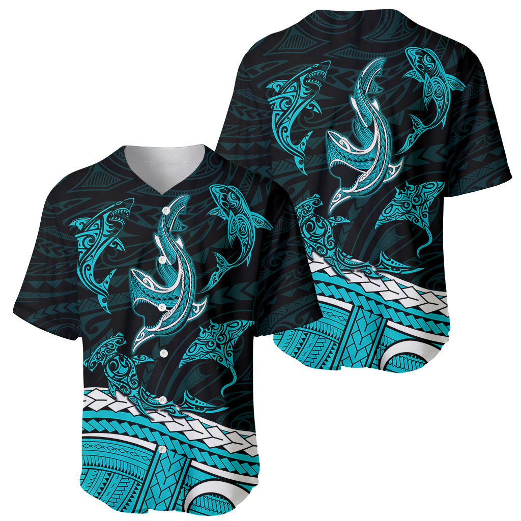 Polynesian Tribal Baseball Jersey with Sharks Tattoo Green LT6 - Wonder Print Shop