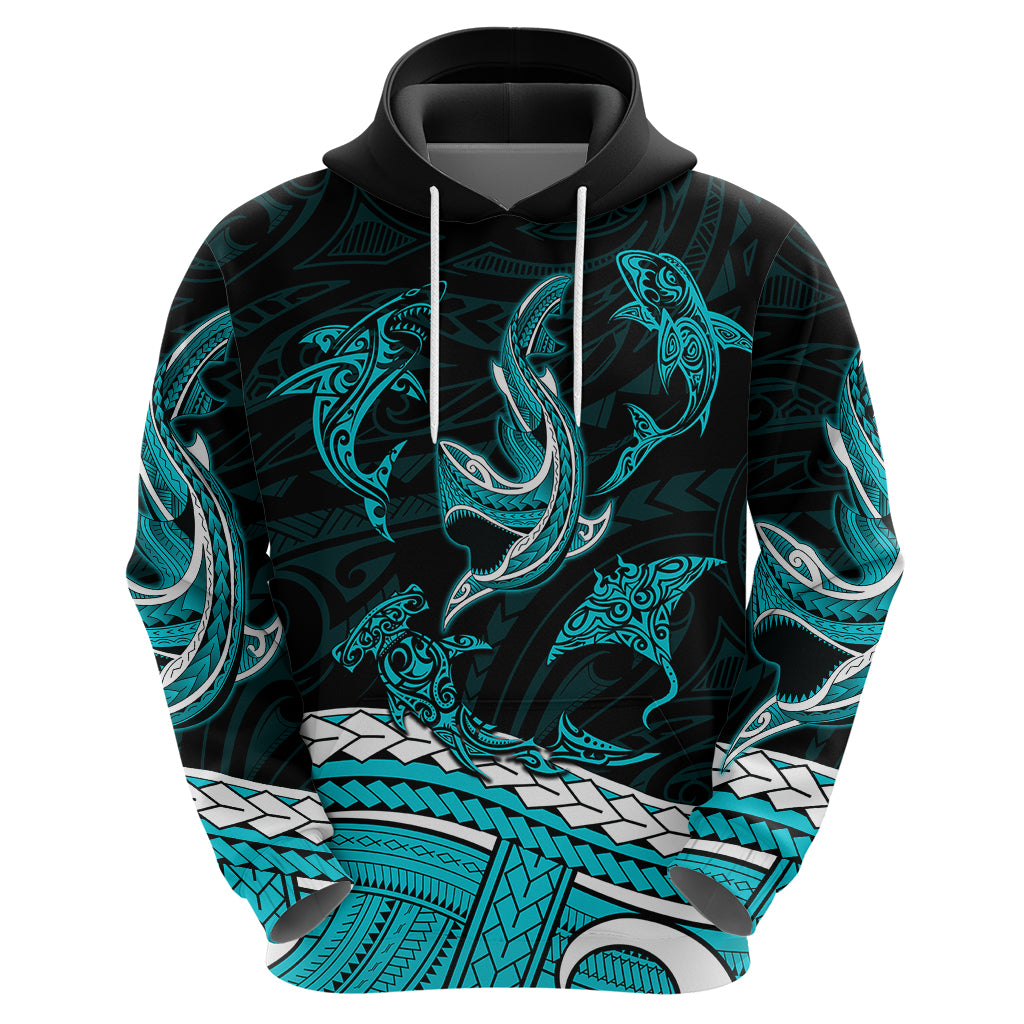 Polynesian Tribal Hoodie with Sharks Tattoo Green LT6 - Wonder Print Shop