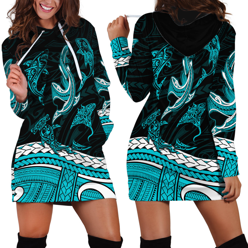 Polynesian Tribal Hoodie Dress with Sharks Tattoo Green LT6 - Wonder Print Shop