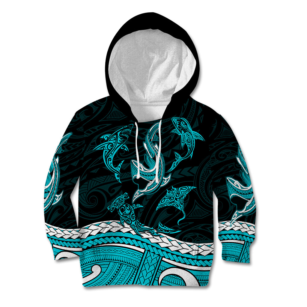 Polynesian Tribal Kid Hoodie with Sharks Tattoo Green LT6 - Wonder Print Shop