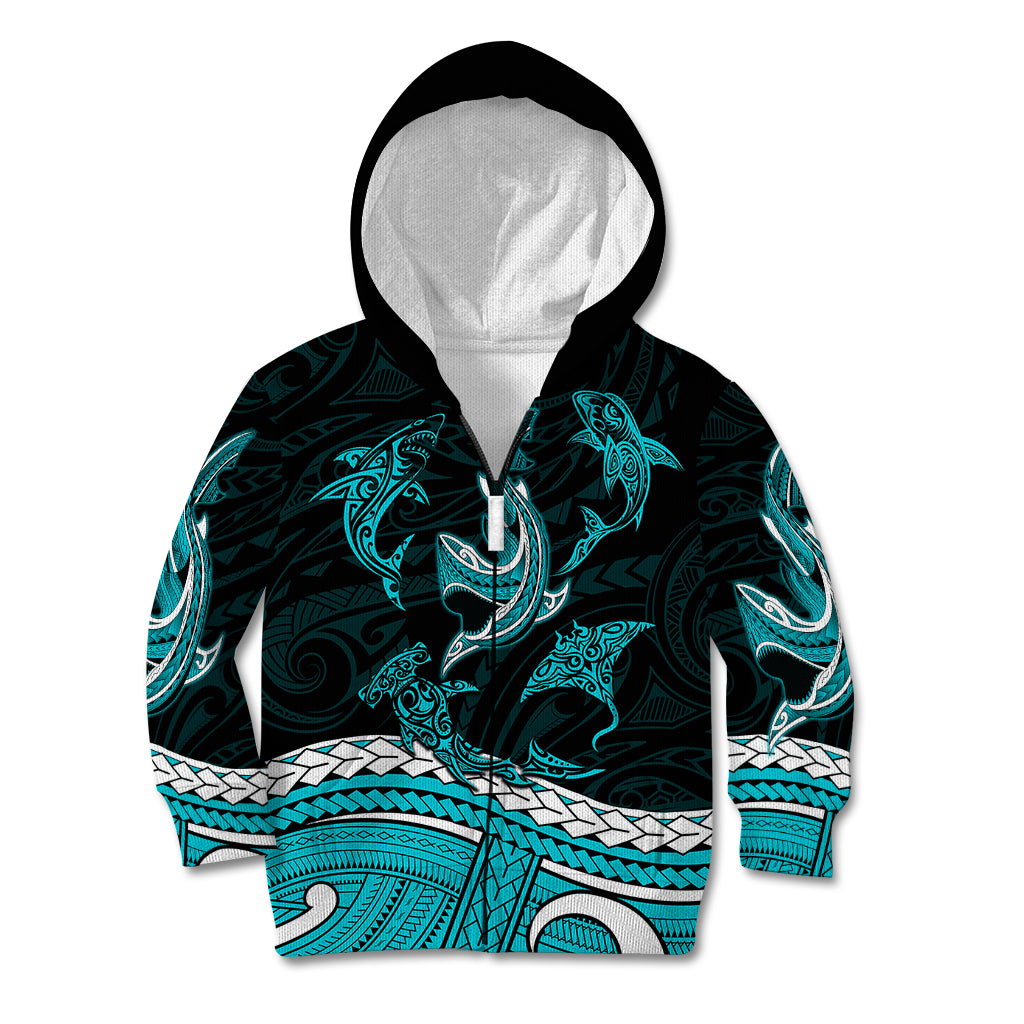 Polynesian Tribal Kid Hoodie with Sharks Tattoo Green LT6 - Wonder Print Shop