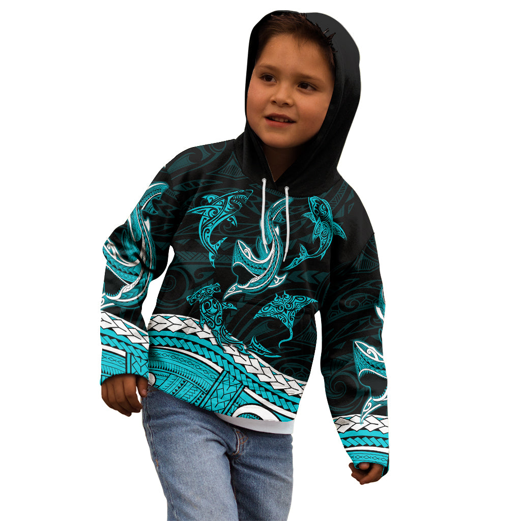 Polynesian Tribal Kid Hoodie with Sharks Tattoo Green LT6 - Wonder Print Shop
