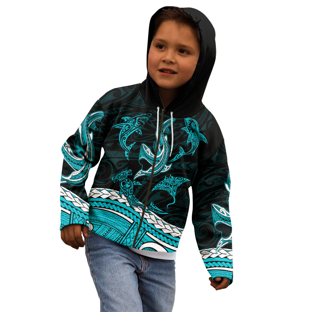 Polynesian Tribal Kid Hoodie with Sharks Tattoo Green LT6 - Wonder Print Shop