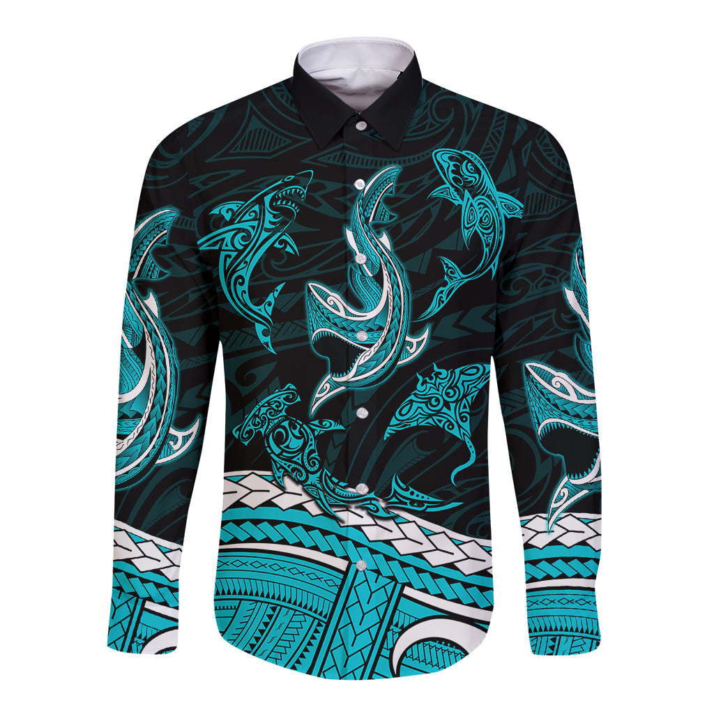 Polynesian Tribal Long Sleeve Button Shirt with Sharks Tattoo Green LT6 - Wonder Print Shop