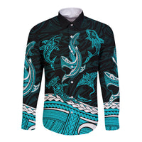 Polynesian Tribal Long Sleeve Button Shirt with Sharks Tattoo Green LT6 - Wonder Print Shop