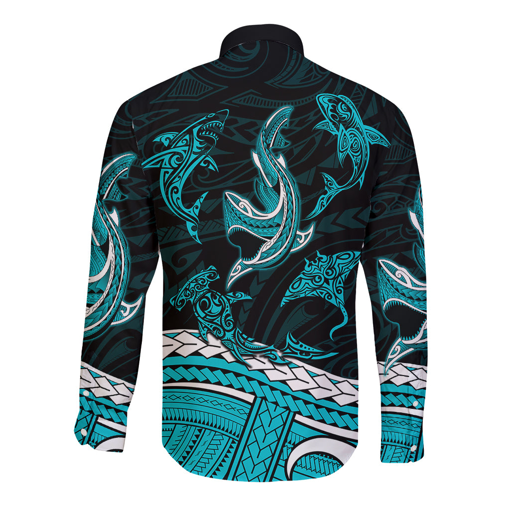 Polynesian Tribal Long Sleeve Button Shirt with Sharks Tattoo Green LT6 - Wonder Print Shop