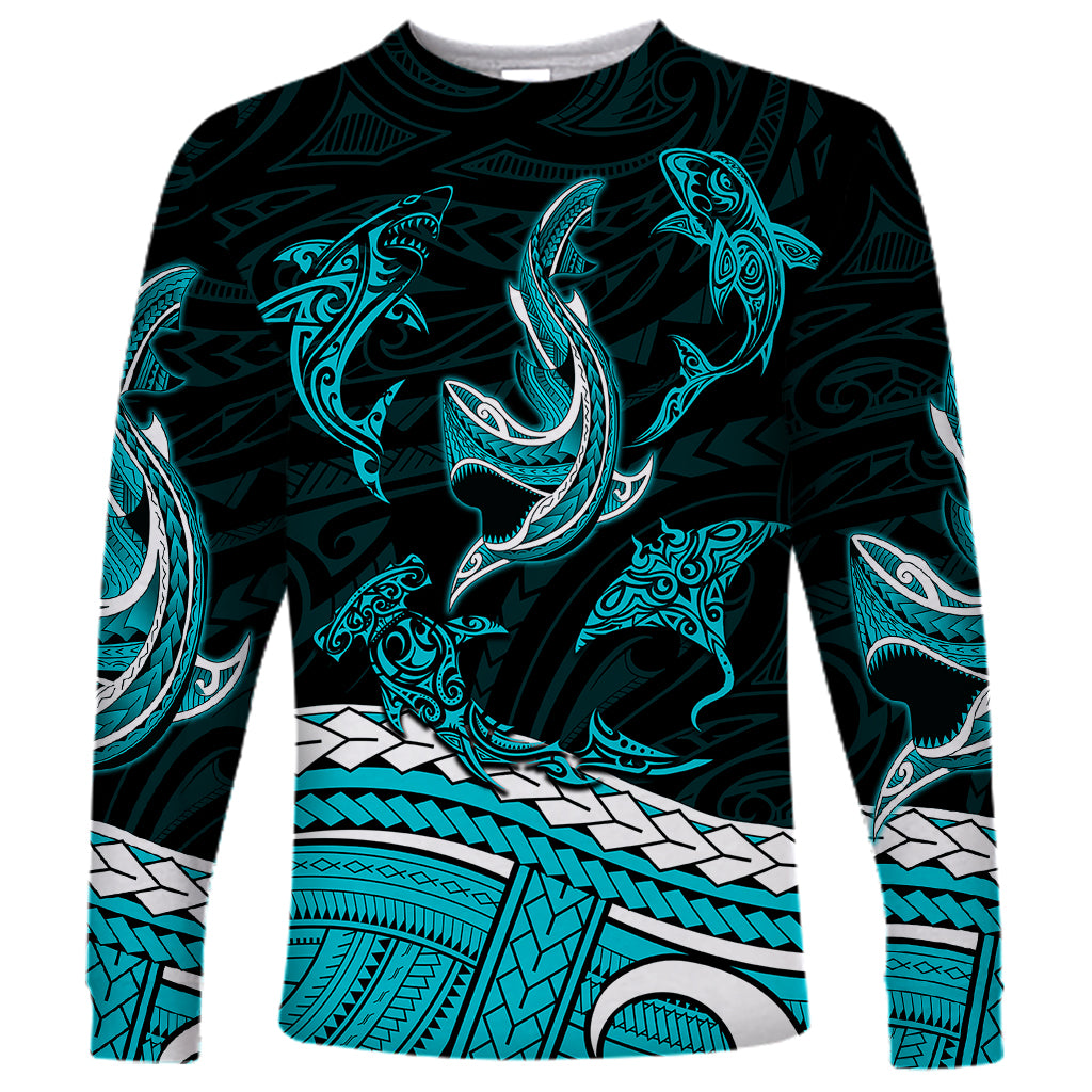 Polynesian Tribal Long Sleeve Shirt with Sharks Tattoo Green LT6 - Wonder Print Shop