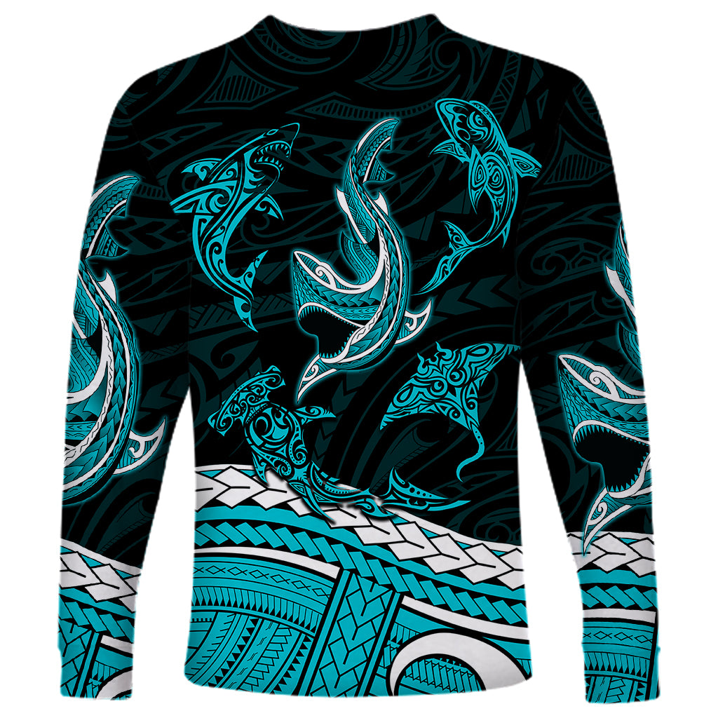 Polynesian Tribal Long Sleeve Shirt with Sharks Tattoo Green LT6 - Wonder Print Shop