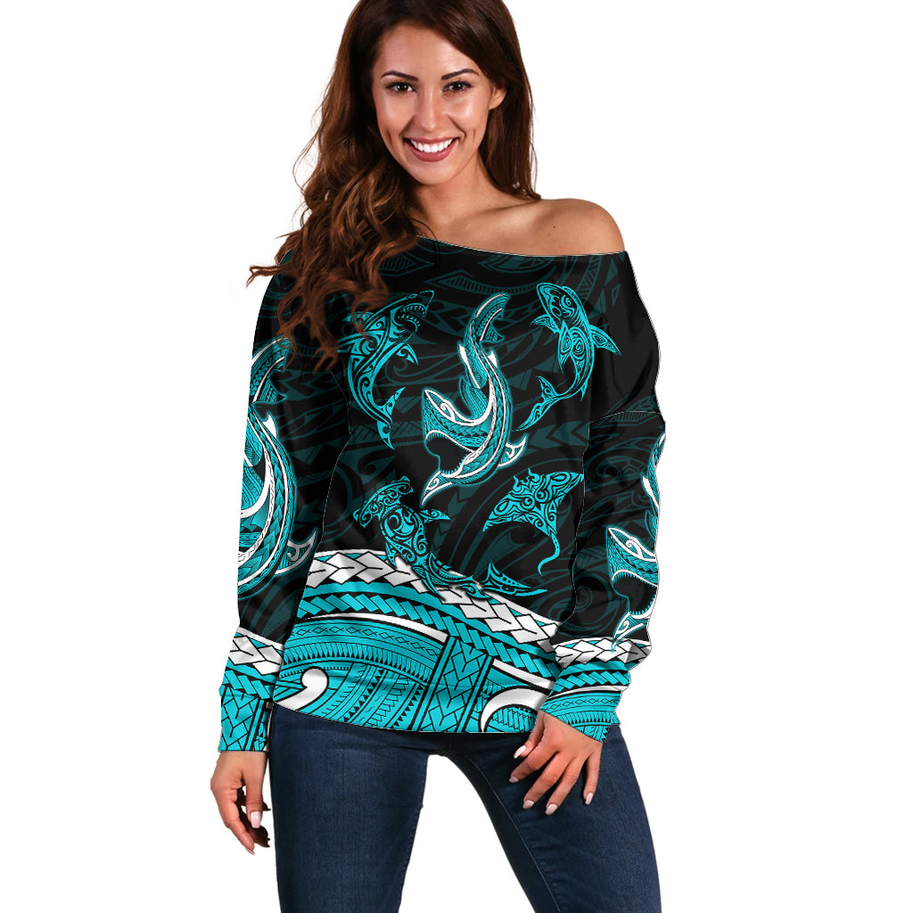 Polynesian Tribal Off Shoulder Sweater with Sharks Tattoo Green LT6 - Wonder Print Shop