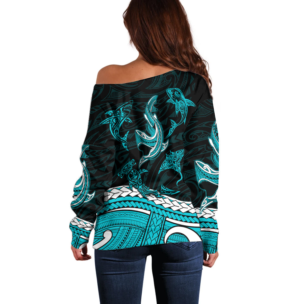 Polynesian Tribal Off Shoulder Sweater with Sharks Tattoo Green LT6 - Wonder Print Shop
