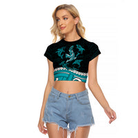 Polynesian Tribal Raglan Cropped T Shirt with Sharks Tattoo Green LT6 - Wonder Print Shop