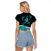 Polynesian Tribal Raglan Cropped T Shirt with Sharks Tattoo Green LT6 - Wonder Print Shop